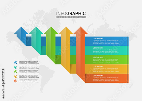 Arrow infographic elements with 5 options. Business template for presentation. Up arrow design with horizontal label. Can be used web design, diagram, business information, report