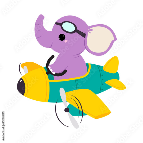 Cute Elephant Animal with Goggles Flying on Airplane with Propeller Vector Illustration