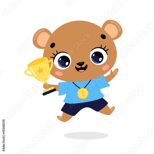 Cute cartoon flat doodle animals sport winners with gold medal and cup. Bear sport winner