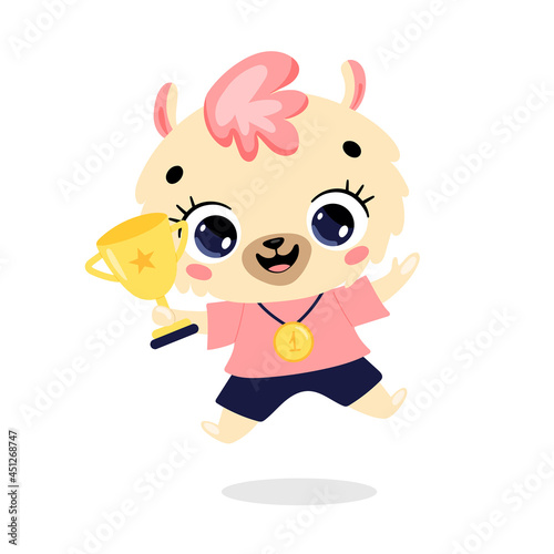 Cute cartoon flat doodle animals sport winners with gold medal and cup. Llama sport winner