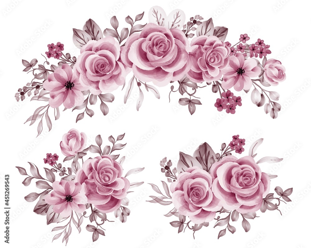 watercolor set of flower arrangement with rose pink gold