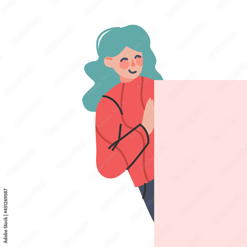 Smiling Woman Looking Out from Behind the Corner Vector Illustration Smiling Woman Looking Out from Behind the Corner Vector Illustration