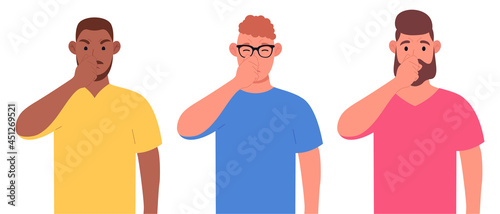 Unhappy men holding fingers on nose. Male people smelling something stinky and odor. Vector illustration.