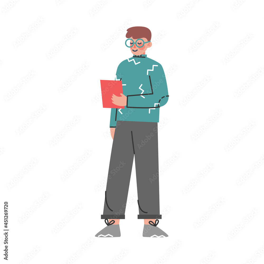 Young Man in Glasses Standing with Tablet PC Listening to Podcast Vector Illustration Young Man in Glasses Standing with Tablet PC Listening to Podcast Vector Illustration