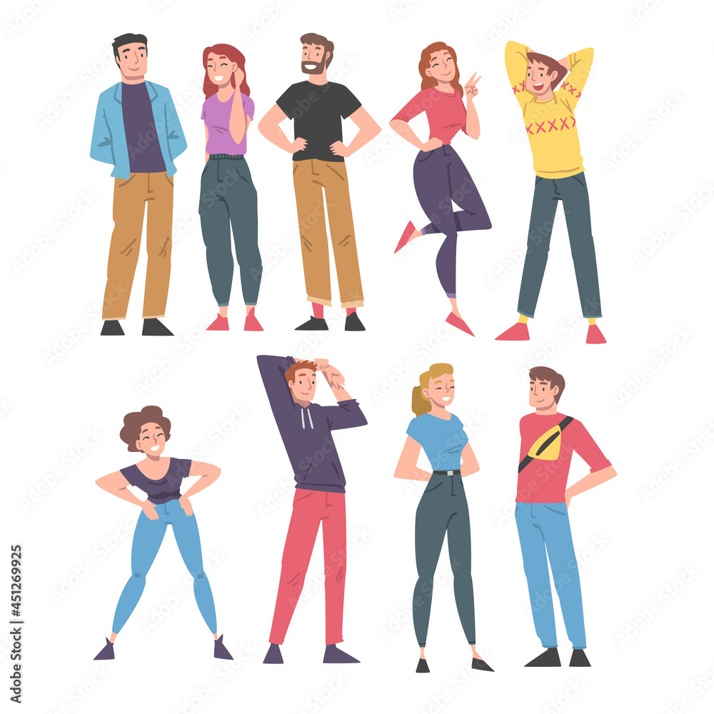 Fototapeta premium Positive People Characters Standing with Smiling Faces Feeling Euphoric and in High Spirits Vector Set