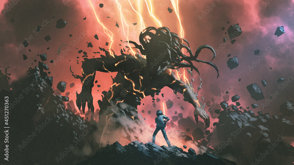 Obraz premium a boy with a sword fighting an evil giant, digital art style, illustration painting