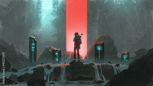 man standing at the sacred stones and looking at the red light in front of him, digital art style, illustration painting