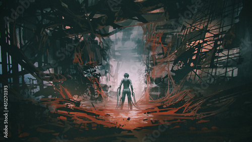 futuristic woman with many cables connecting her body standing in an abandoned building full of red slime, digital art style, illustration painting
