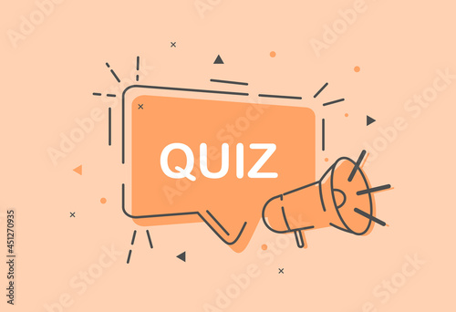 Cute quiz icon symbol on pastel orange background. Answer question sign. Thought speech bubble with quote. Quiz chat think megaphone message. Flat cartoon vector illustration