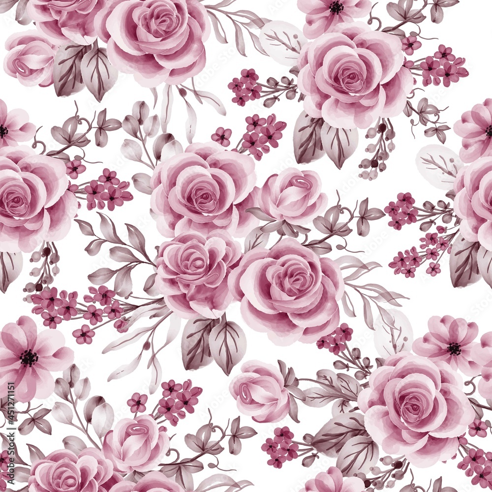 watercolor flower rose pink gold and leaves seamless pattern