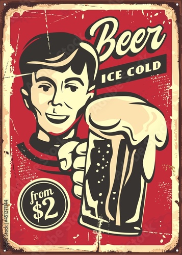 Ice cold beer retro sign design with man toasting with beer mug. Vintage comic style bar or pub advertisement for alcoholic drinks. Vector poster illustration.