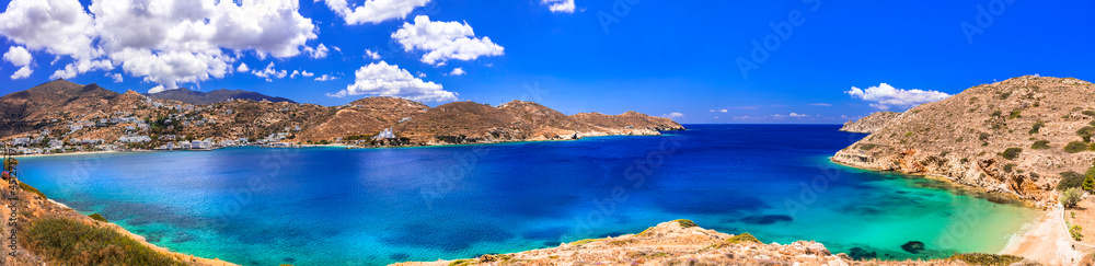 Greece nature sea scenery. Panorama of beautiful Ios island, view of bay and Chora village. Cyclades