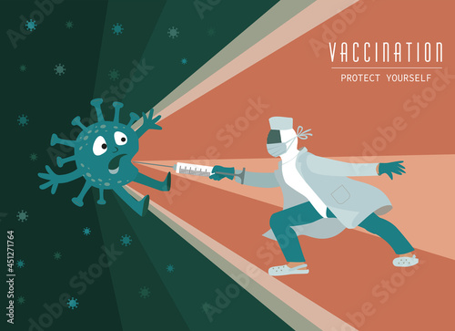 Vaccination attacks virus molecule. Vaccine as COVID-19 virus protection. Protect yourself concept. Doctor with medical syringe. Vector illustration.