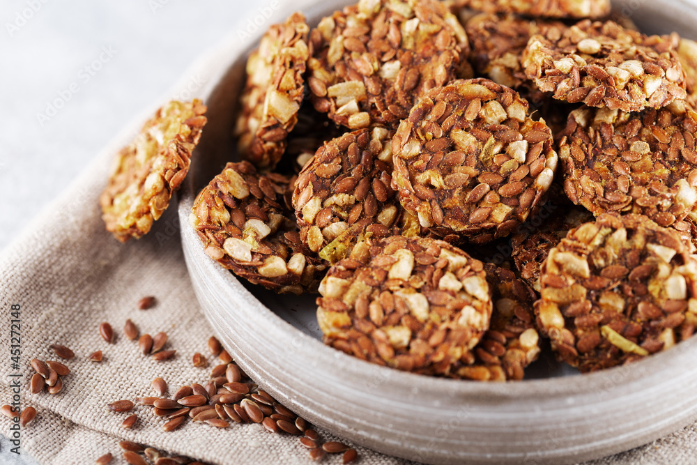 crispbread (from sesame seeds, flax seeds and other cereals), clos up crispbread (from sesame seeds, flax seeds and other cereals), clos up
