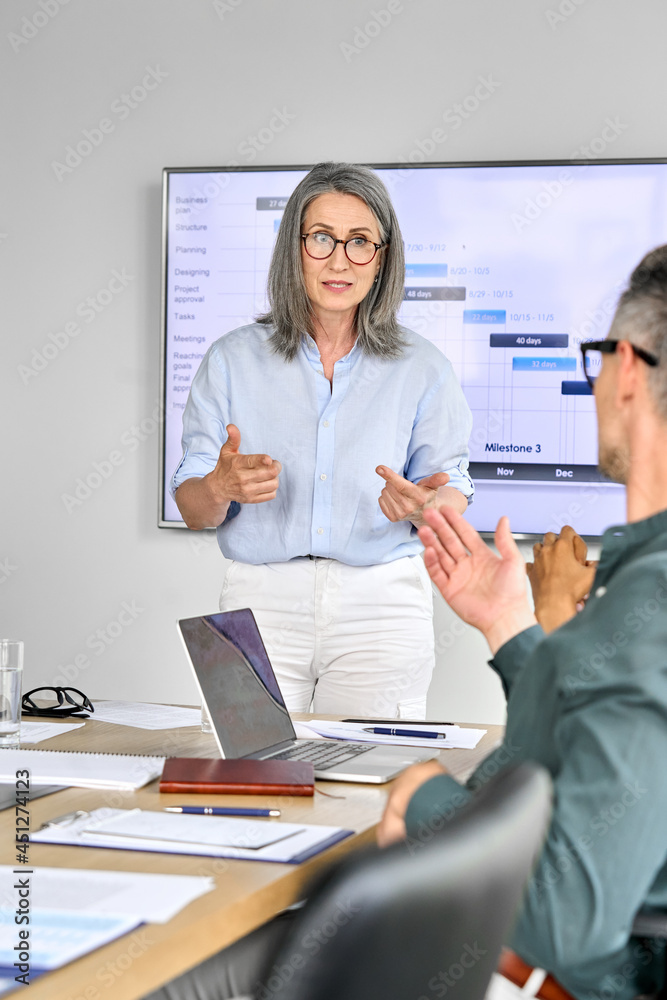 Obraz premium Senior mature older female executive ceo presenter in glasses discussing presentation of corporation financial global goals on big screen with executives at boardroom modern office. Vertical.