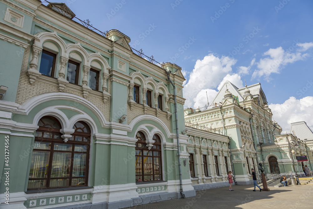 Part of the historical building of the Rizhskiy railway station in the neo-Russian style. Opened in 1901. Architectural monument. Moscow, Russia