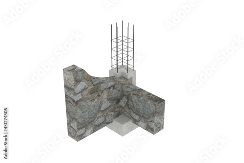 Constructive assembly. Strengthening the foundation and walls of an existing building. Foundation sole with reinforced concrete strut. Spatial reinforcement cage. 3d render illustration