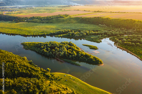 Stunning top view of the sinuous Dniester River. Aerial photography, drone shot.