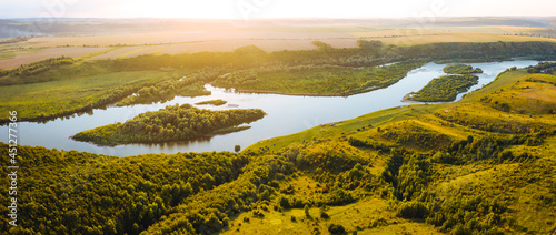 Stunning top view of the sinuous Dniester River. Aerial photography, drone shot.