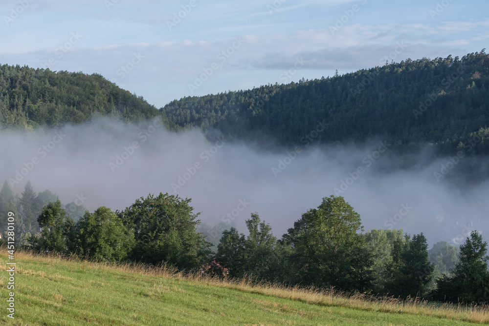 Thüringer Mittelgebirge mit Sonne, Bäumen und Nebel am Morgen Thüringer Mittelgebirge mit Sonne, Bäumen und Nebel am Morgen