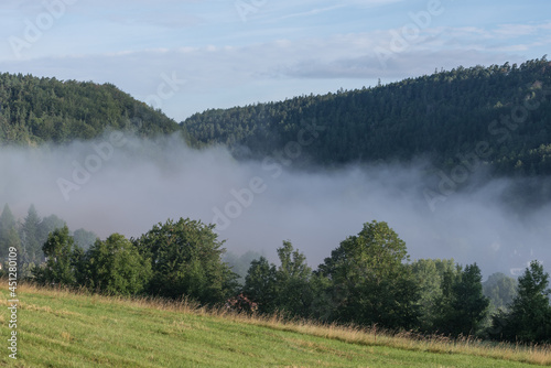 Th  ringer  Mittelgebirge mit Sonne  B  umen und Nebel am Morgen