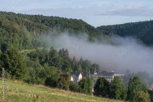 Thüringer Mittelgebirge mit Sonne, Bäumen und Nebel am Morgen