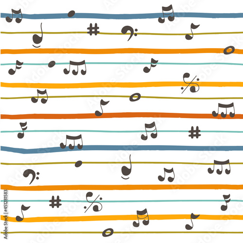 Cartoon music seamless pattern for kids. Textile childish design. Colorful  musical notes.