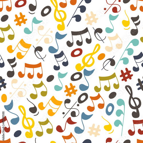 Cartoon music seamless pattern for kids. Textile childish design. Colorful musical notes.