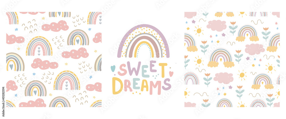 Rainbow cute patterns and lettering - sweet dreams . Creative childish print for fabric, wrapping, textile, wallpaper, apparel.Vector cartoon illustration in pastel colors