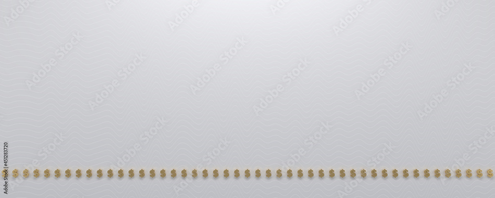 Pure white background with a stripe of gold money symbols at the bottom. 3d render