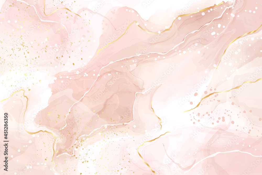 Abstract dusty rose blush liquid watercolor background with gold dots and lines. Pastel pink marble alcohol ink drawing effect, golden splash elements. Vector illustration of contemporary wallpaper