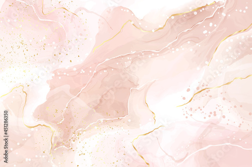 Abstract dusty rose blush liquid watercolor background with gold dots and lines. Pastel pink marble alcohol ink drawing effect, golden splash elements. Vector illustration of contemporary wallpaper
