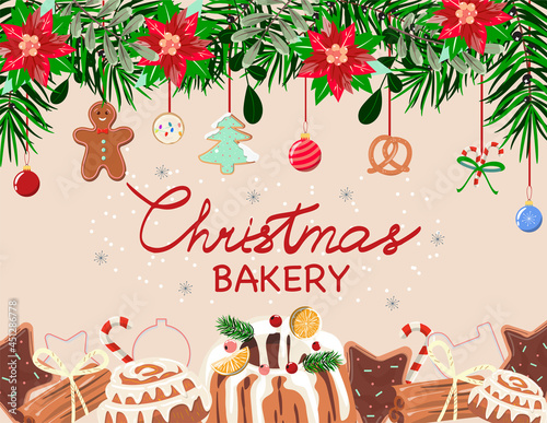 Christmas background with cookies, gingerbread, cake and cinnamon bun. Winter baking. Christmas card. 