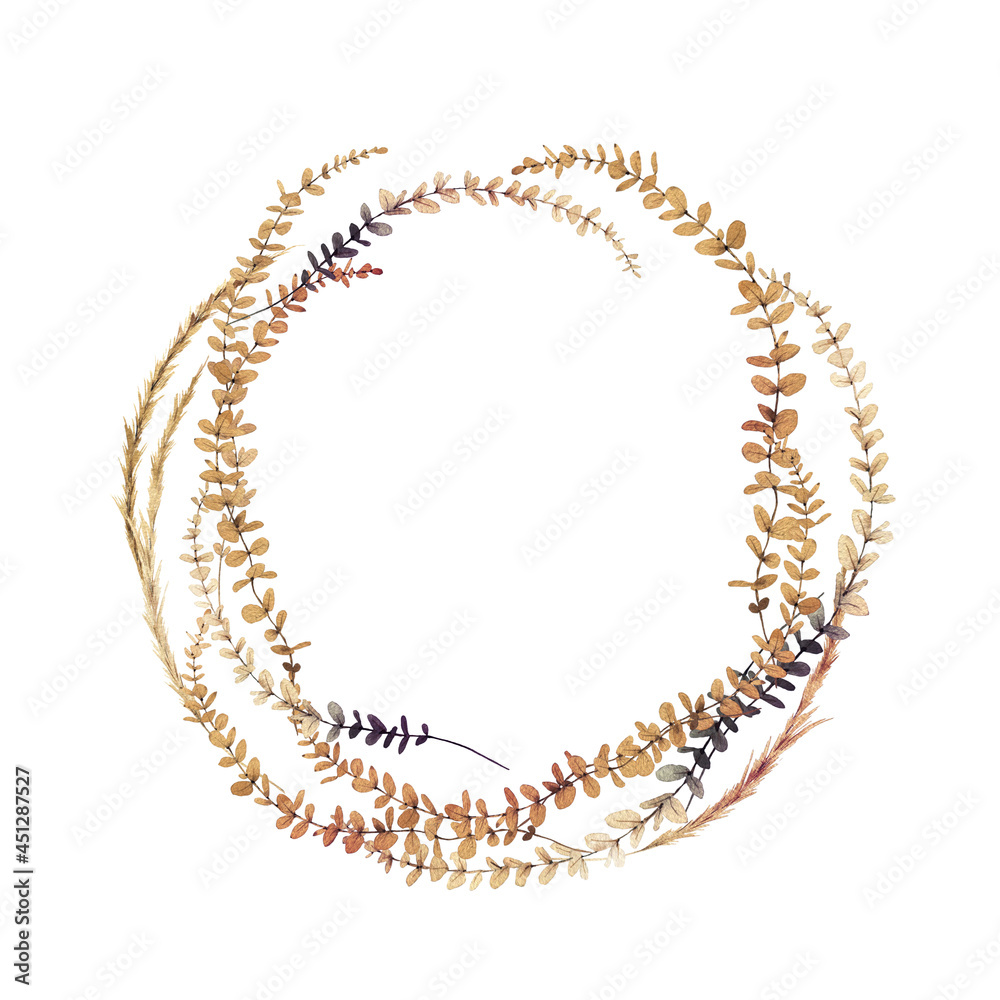 Obraz premium Floral autumn wreath, can be used as invitation card for wedding, birthday and other holiday and summer background. Botanical art. Watercolor