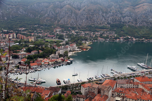 View of Kotor Old Town from Kotor Fortress in Kotor, Montenegro. Kotor is part of the UNESCO World Heritage Site.