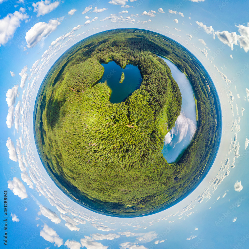 Fototapeta premium Two lakes in the forest. Famouses belorussian lakes. Little planet panorama 360 degrees. Drone aerial shot