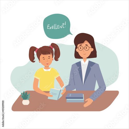 Girl is reading at home. learning lesson with help of teacher, mom. Child is doing homework. tutor helps with solving tasks. Home school, online education, knowledge concept. Vector flat