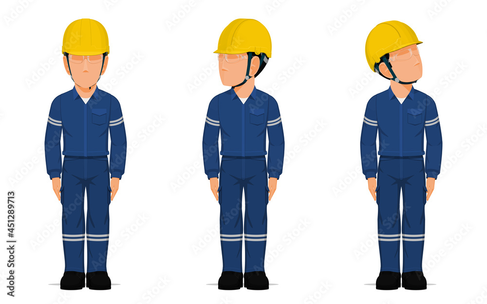 set of industrial workers in the position of sanding attention. set of industrial workers in the position of sanding attention.