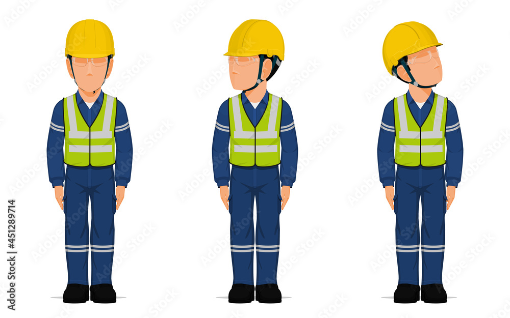 set of industrial workers in the position of sanding attention. set of industrial workers in the position of sanding attention.