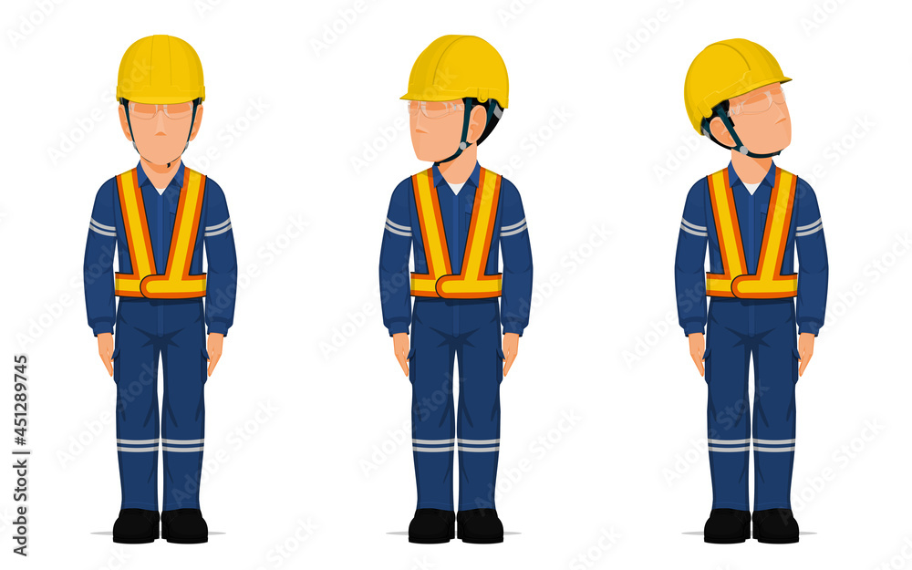 set of industrial workers in the position of sanding attention. set of industrial workers in the position of sanding attention.