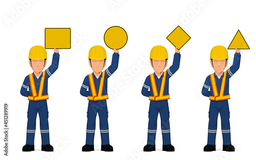 set of industrial workers are raising empty sign overhead