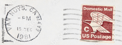 vintage retro alt old briefmarke stamp gestempelt used frankiert gebraucht slogan werbung 1981 van nuys california usa amerika america adler eagle domestic mail post letter mail braun photo