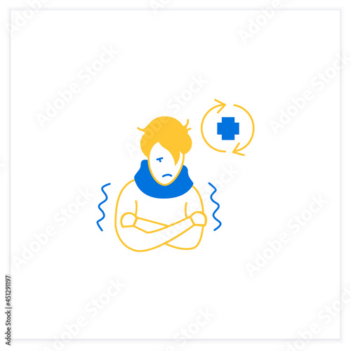 Ill person flat icon. Covid reinfected or re-ill person suffering shivers and high fever. Covid disease repeated infection and immunity failure.Vector illustration