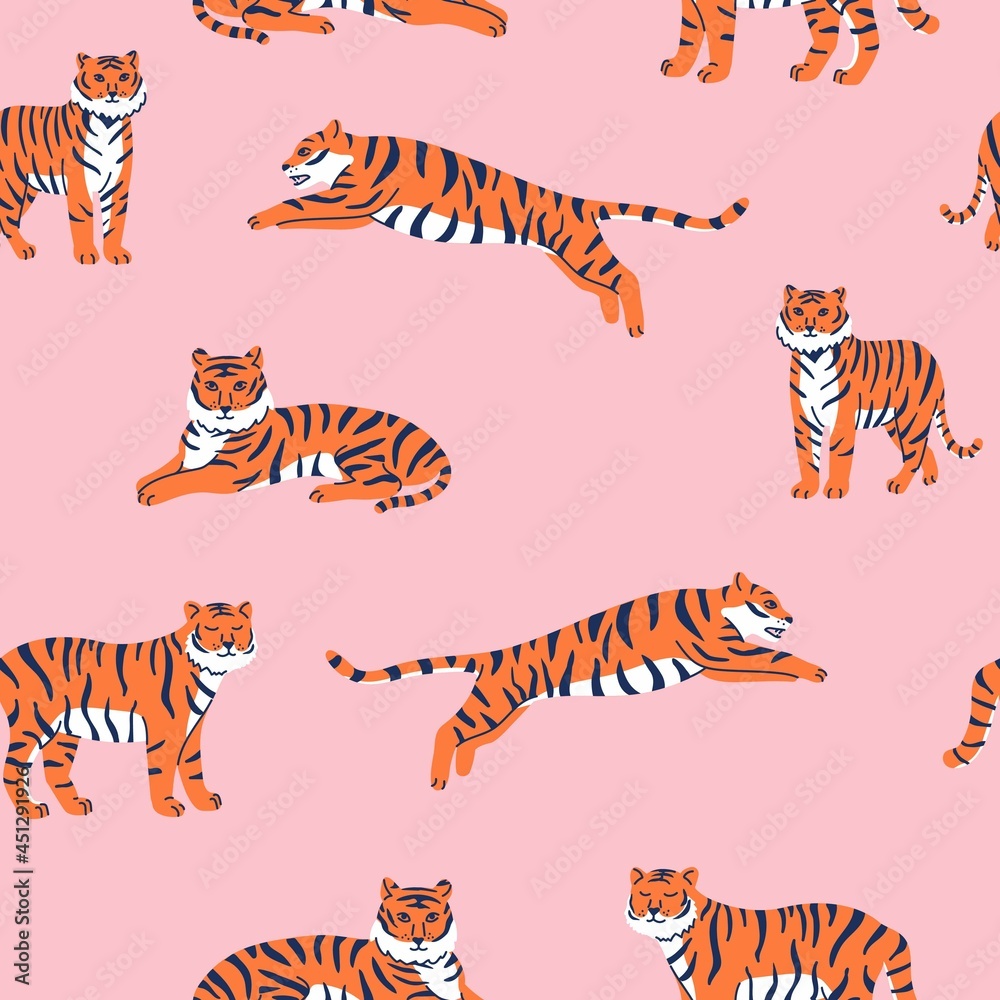 Vector seamless pattern with cute tigers on the pink background. Circus animal show. Tiger year. Fashionable fabric design. Vector seamless pattern with cute tigers on the pink background. Circus animal show. Tiger year. Fashionable fabric design.