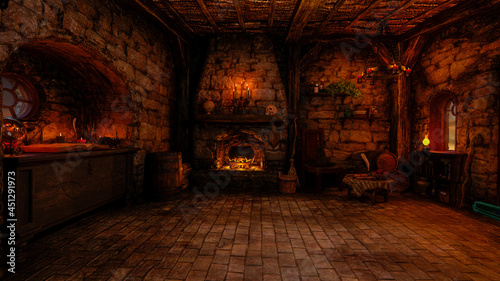 3D rendering of a fantasy witch's cottage interior lit by candles with fire burning under a cauldron in a fireplace.