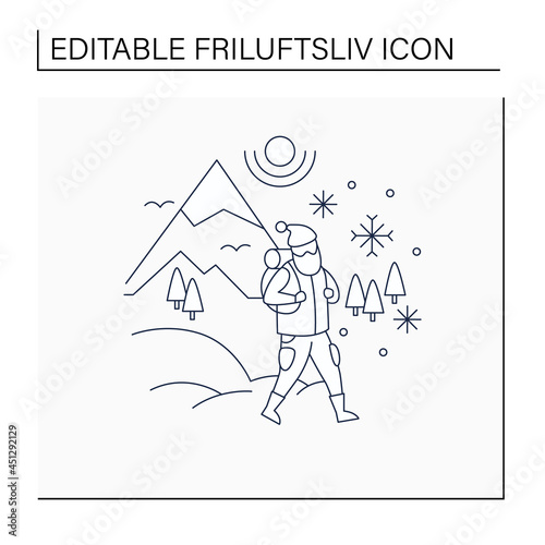 Friluftsliv line icon. Hiking. Snowy weather. Man walking. Mountain winter landscape.Nordic outdoor activities concept.Isolated vector illustration.Editable stroke