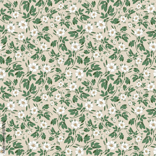 Seamless botanical light pattern with white rose hips flowers 