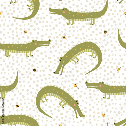 vector seamless pattern with green crocodiles. Creative animalistic texture. Great for baby fabrics, textiles and designs
