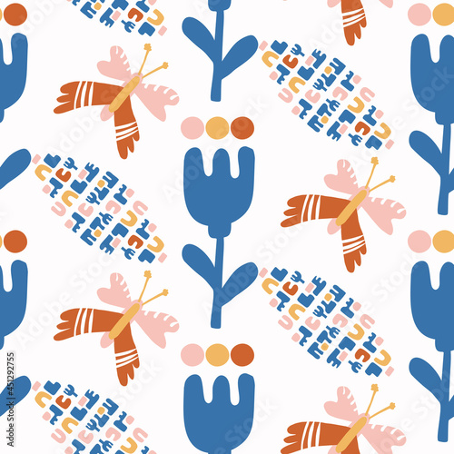 Abstract playful color style cut out shape pattern. Seamless modern simple lino cut style design for retro kids all over print. Trendy geometric home decor, kid fashion, wallpaper in vector repeat. 