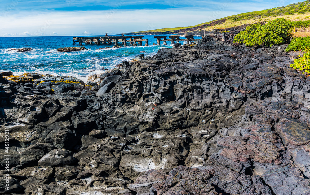 The Remains of The Historical Honuapo Pier in Honuapo Bay, Whittington Beach State Park, Hawaii Island, Hawaii, USA